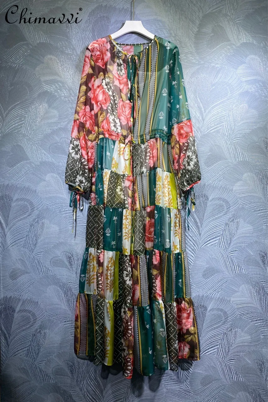 

Vintage Fashion 2021 Autumn Women New Round Neck Contrast Color Printed Long Dress Long Sleeve Slimming A-line Dress