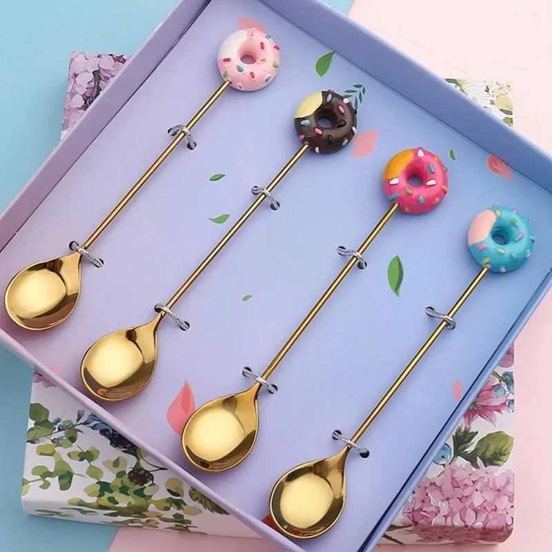 

Cute Stainless Steel Cartoon Design Kid Spoon Donut Coffee Fork Dessert Tool Exquisite Gift Restaurant Party Living Room Office