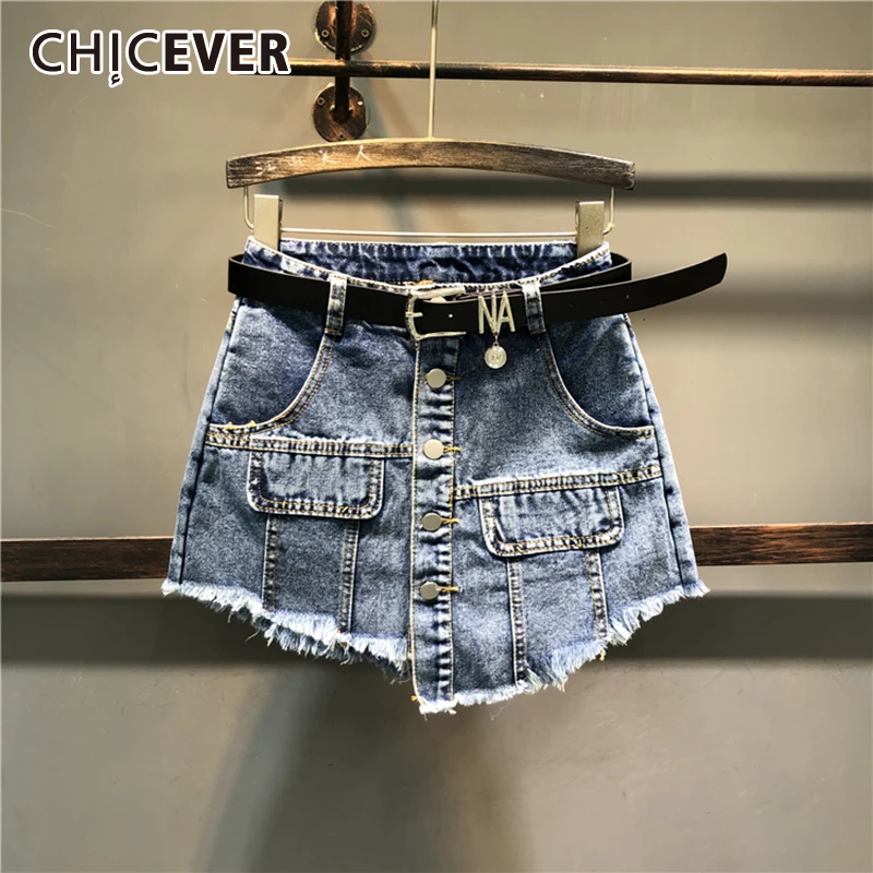 

Минималистичные однотонные джинсовые юбки CHICEVER в стиле пэчворк с бахромой женские свободные летние шорты с высокой талией для женщин 2021 мо...
