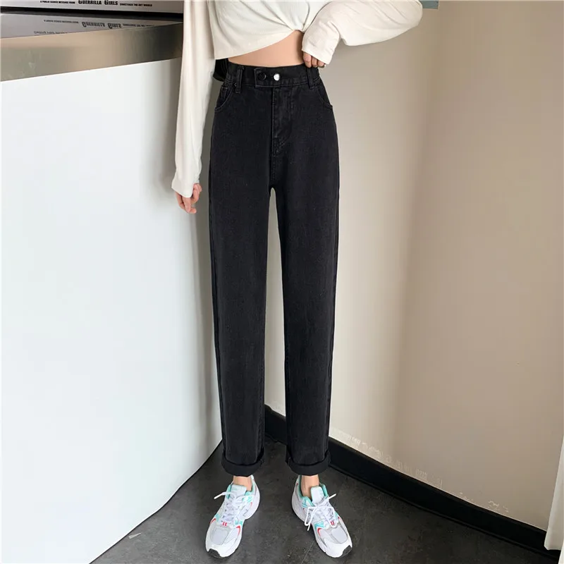 

YTX179 Spring and Autumn Korean version of 2021 new high-waisted thin wild loose nine-point straight radish black jeans