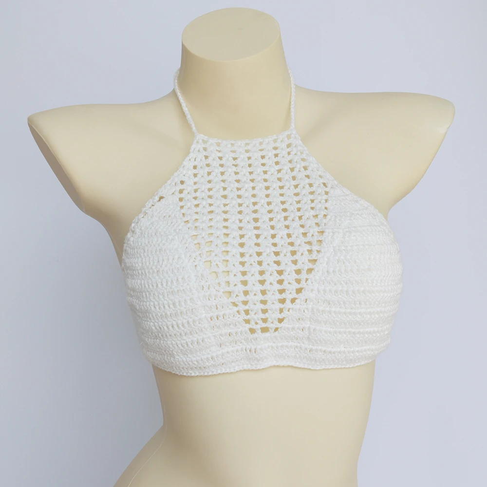 Have Lining Sexy Swimwear Bikini Top Women's Push Up Bra Crochet Hollow Out Halter Knitted Swimsuit Bikinis |