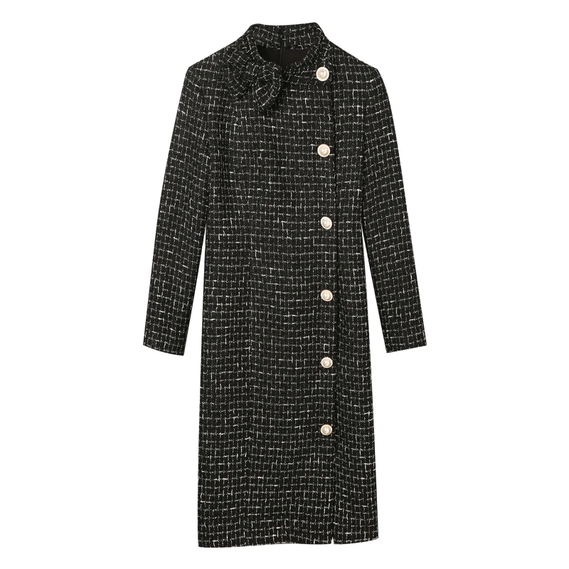 

Autumn Winter Dress Women Fashion Wool Tweed Dresses Women Elegant Side Split Belted Vestidos Female Office Work Robes