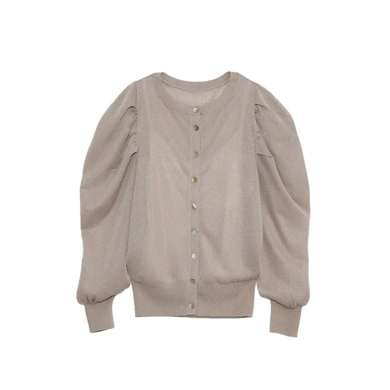 

Fresh Sweet O Neck Puff Sleeve Knitted Pullover Spring Solid Fashion Women Coat Vintage Single Dreasted Sweater with Camis