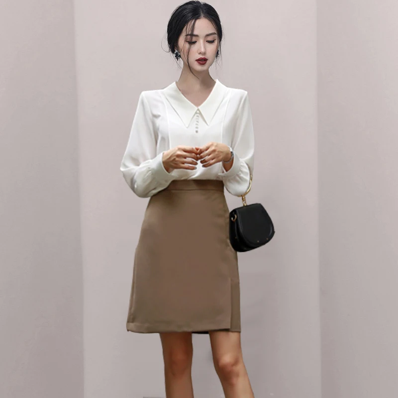 

Blouse Women Autumn 2021 New Fashion Office Lady Korea Style Long Sleeve Solid Straight V-Neck Blusas Womens Tops And Blouses