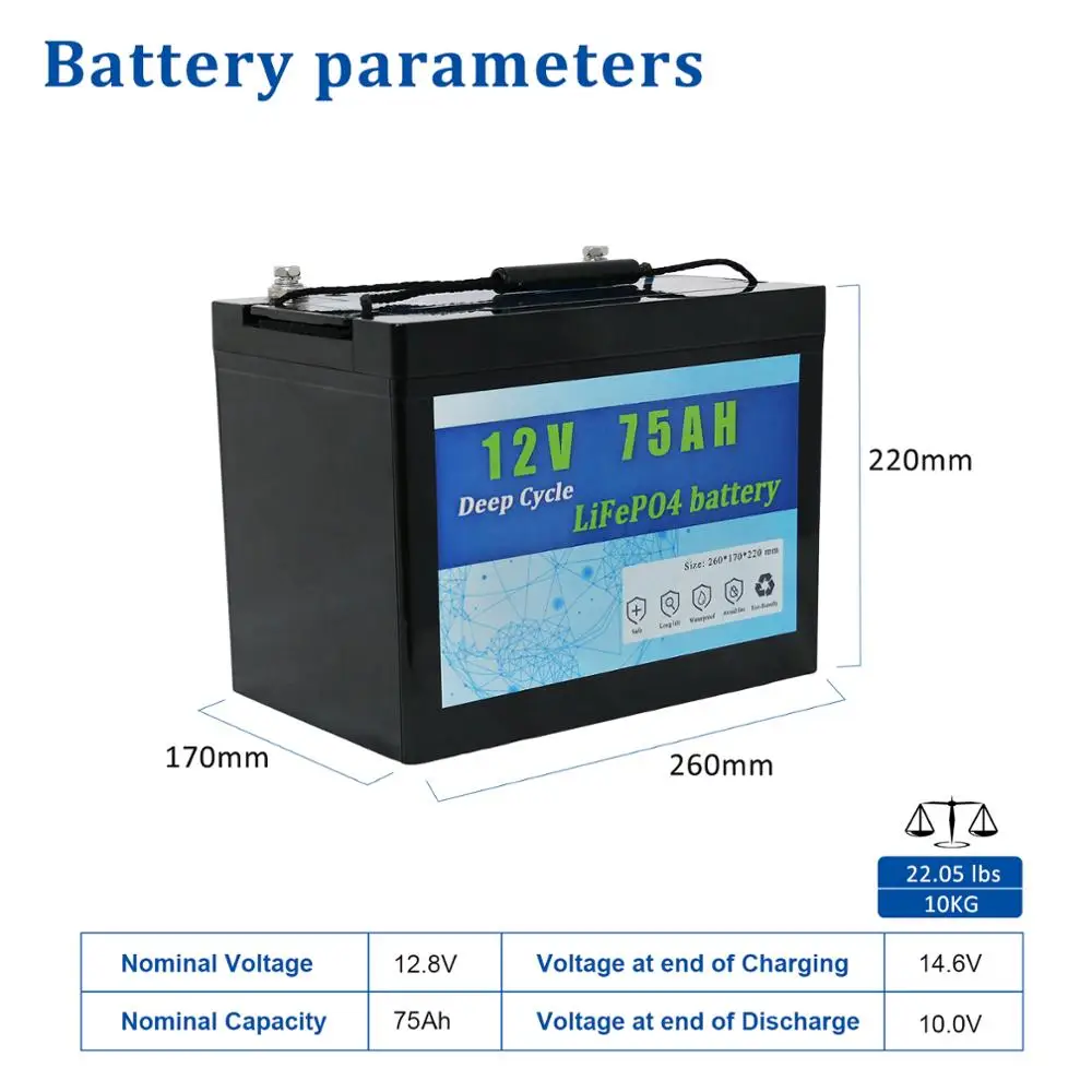 

12V 75Ah LifePO4 Battery Pack Backup Power Bank Solar Panel Energy Cylindrical Portable Batteries with 10A charger