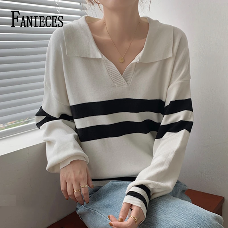

FANIECES, английская поло с воротником, Осенний полосатый вязаный пуловер с длинным рукавом, топы для женщин, корейский модный свитер, джемпер д...