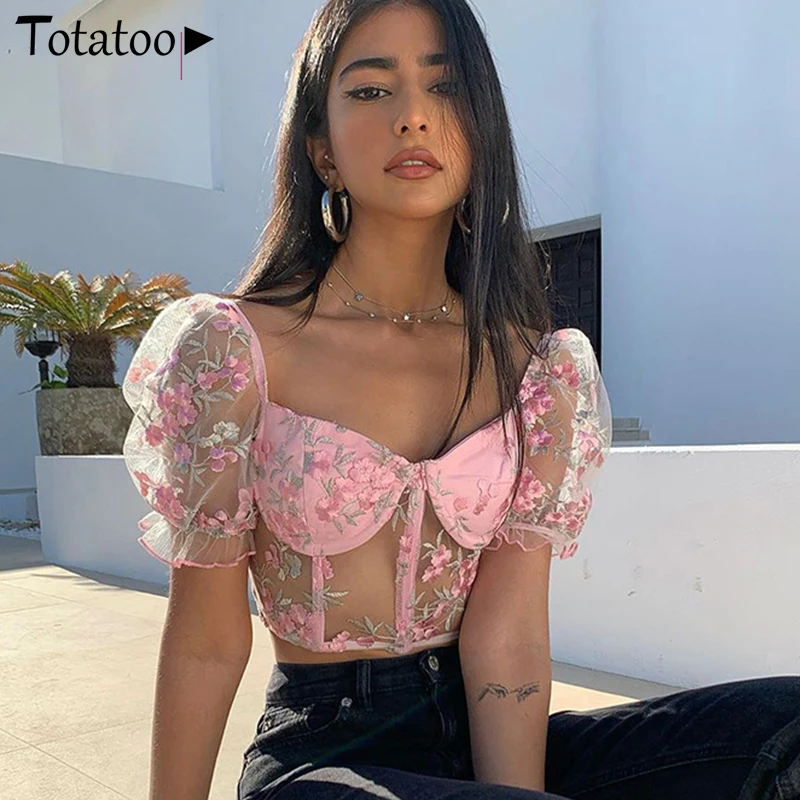 Предпродажные летние цветочные вышитые сексуальные сетчатые кроп топы женские