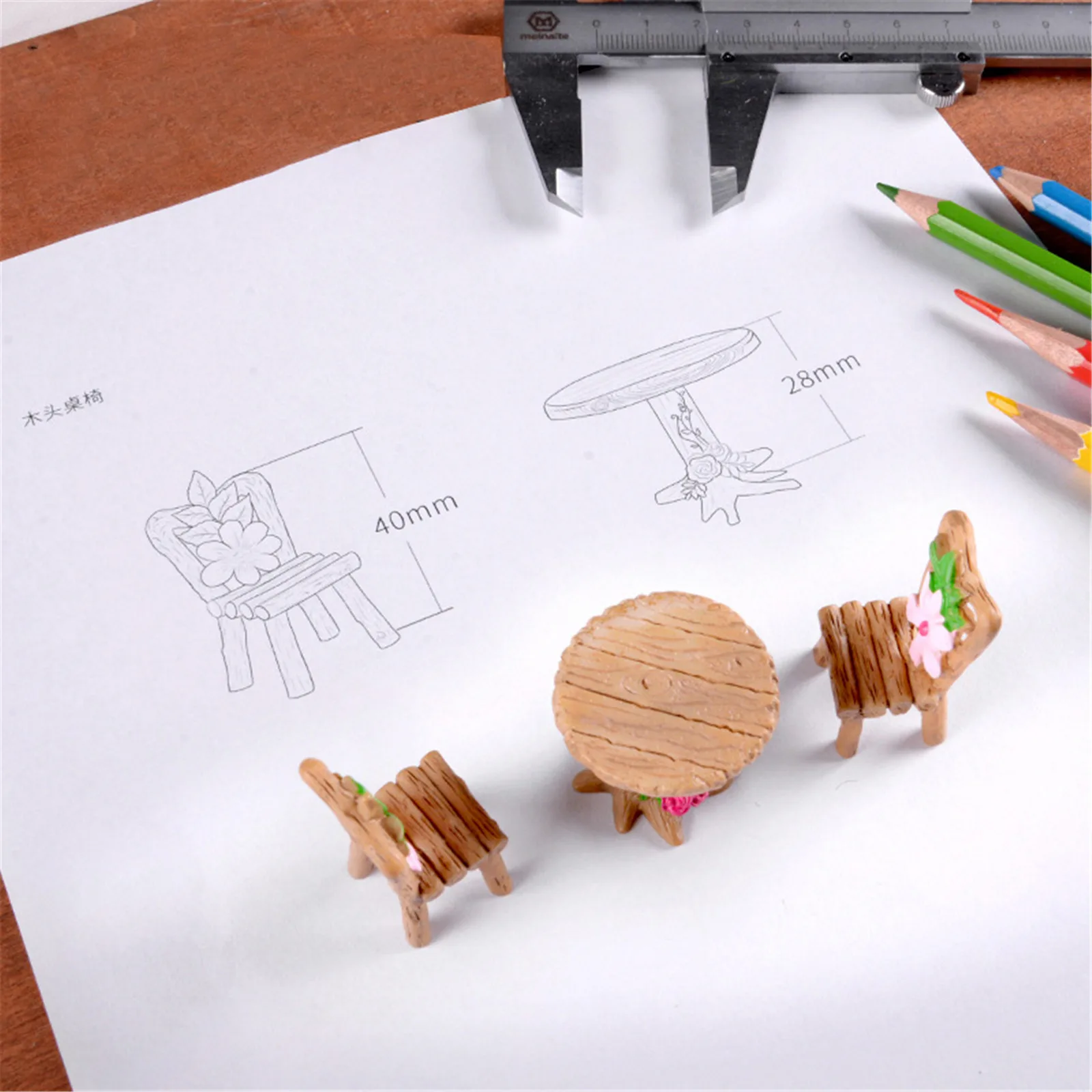 

New Resin Imitation Wood Table Chair Craft Moss Micro Landscape Succulent Plant Creative Ornaments Home Desktop Decorations