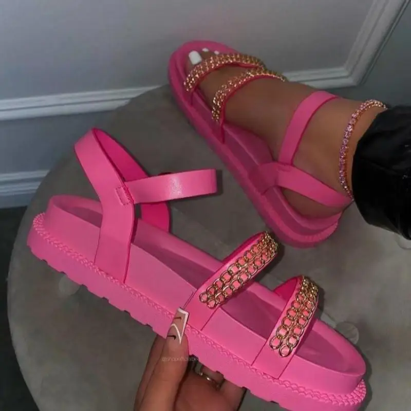 

2021 New Summer Cool And Comfortable Casual Thick-soled Metal Chain Round Toe Buckle Women's Sandals