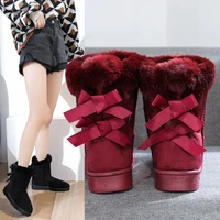 snow boots women winter thenew fashion ankle butterfly knot slip on round toe flat with solid plush keep warm boots short tube