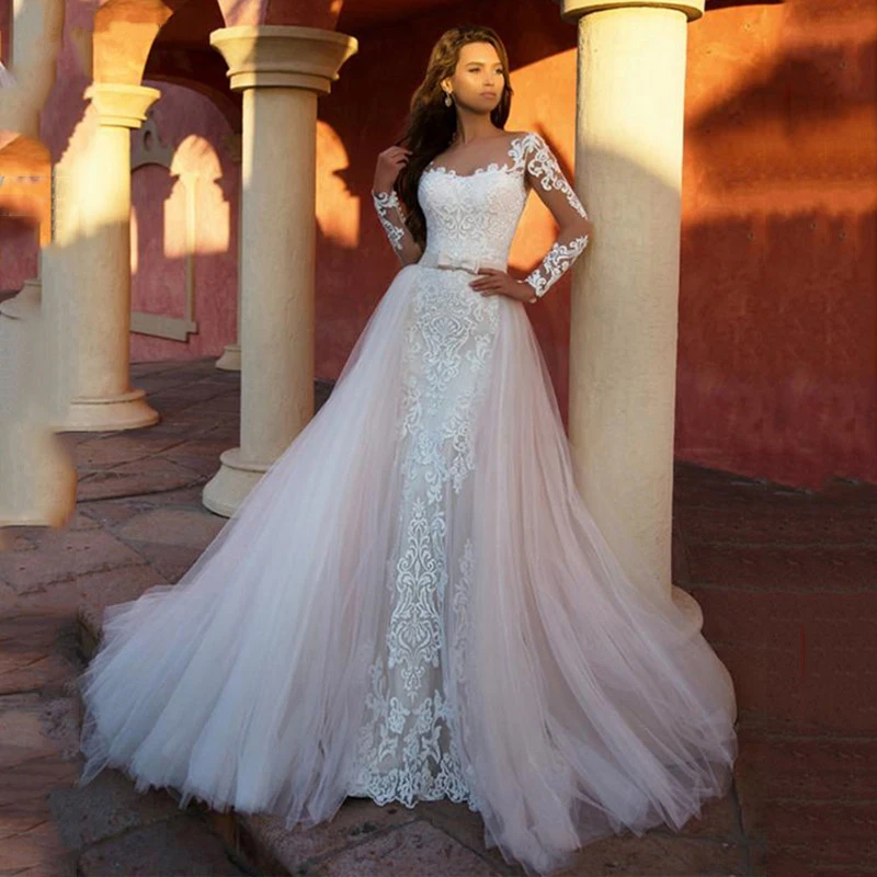 

Elegant Lace Mermaid Wedding Dresses With Detachable Train Long Sleeve Wedding Gown 2020 Vintage Bride Dress Robe de mariage