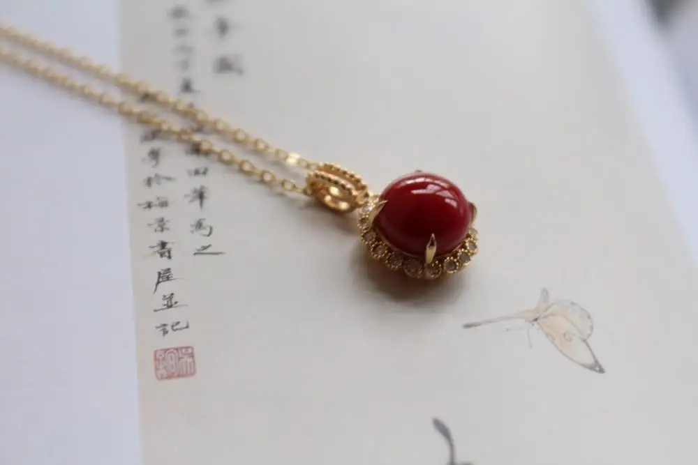 Fine Jewelry Real 18K Gold AU750 G18K Natural 100% Precious Coral Pendant Diamond Gemstone Necklaces for Women | Украшения и