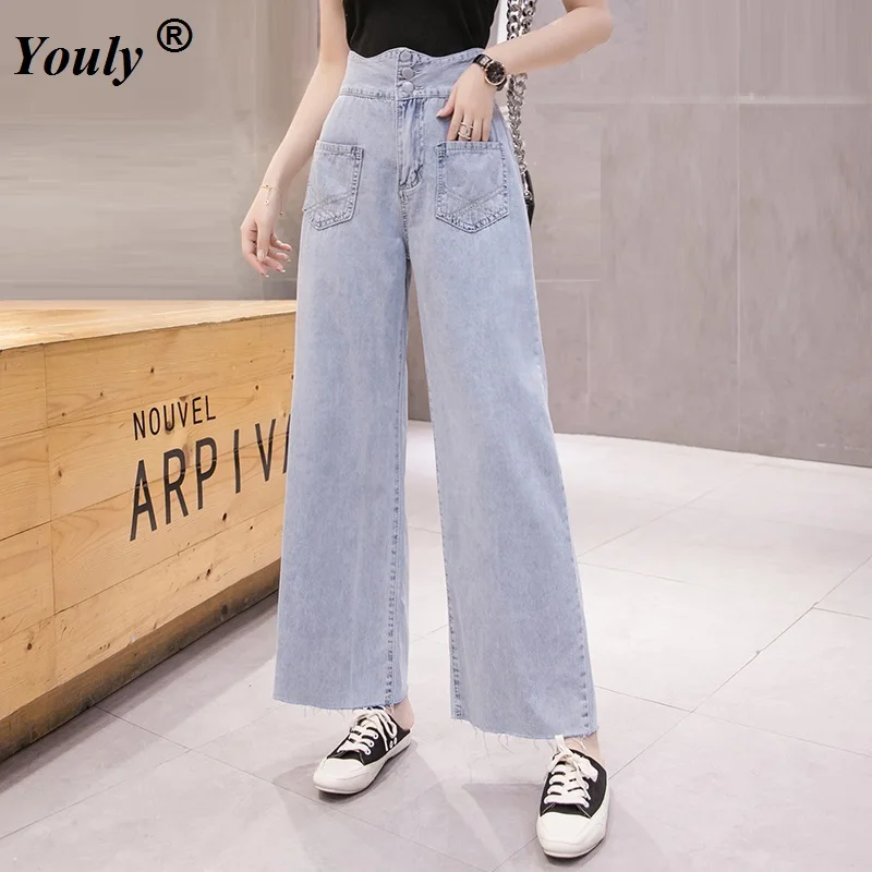 Casual Straight Wide Leg Jeans Woman Slim Denim Loose Straight Pants Double-breasted Jeans High Waist Long Pants Women