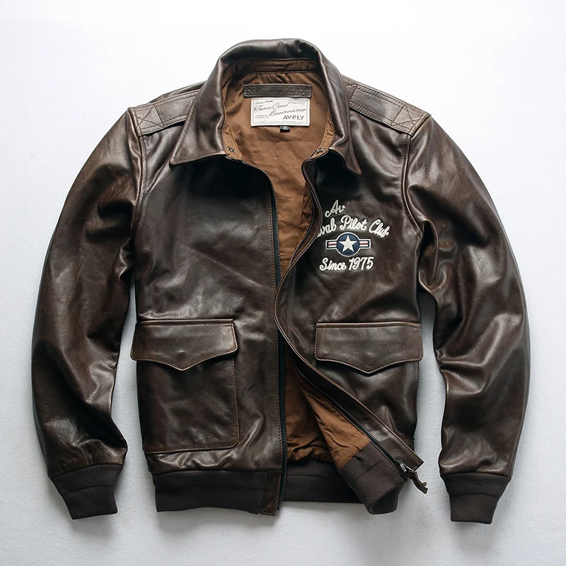 

A2 2021 men's militaly flight jacket embroidery genuine leather jakcet men cattle leather bomber jacket male