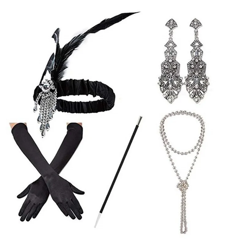 

1920s Party Charleston Flapper Girl Feather Headband Pearl Necklace Earrings Cigarette Holder Gloves Great Gatsby Accessories