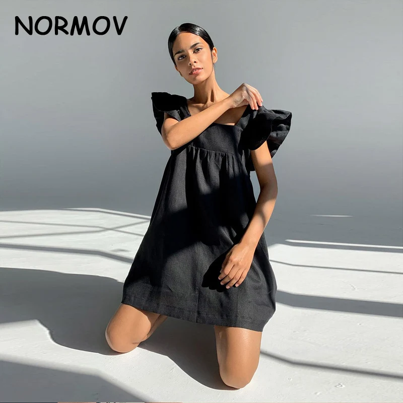 

NORMOV New Casual Square Collar Butterfly Sleeve Mini Sweet Dress Woman Backless High Waist Loose Linen Solid Dress 2021 Summer