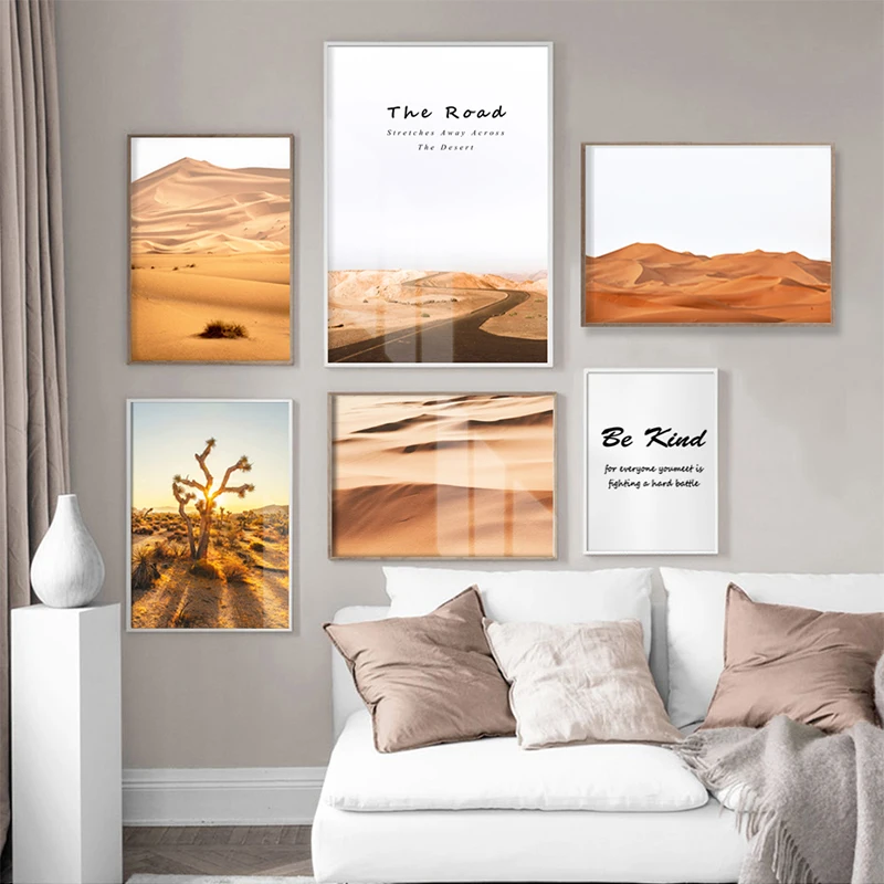 

Scandinavian Desert Sunset Landscape Poster Nordic Nature Canvas Art Print Quote Painting Wall Picture for Living Room Decor