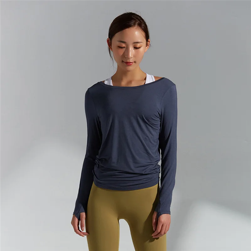 

Long Sleeve Yoga Shirt Loose Fit Activewear Tops Skin-friendly Breathable Sport Shirt Pleated Drawstring Open Back Modal Gym Top