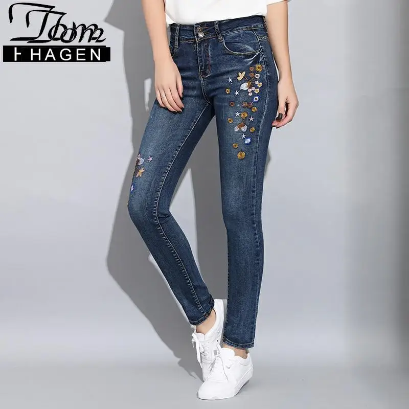 Весенние модные узкие джинсы женские с вышивкой цветами повседневные брюки