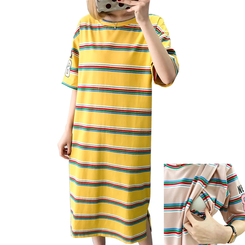 Полосатое платье для кормления Одежда беременных до середины икры летние
