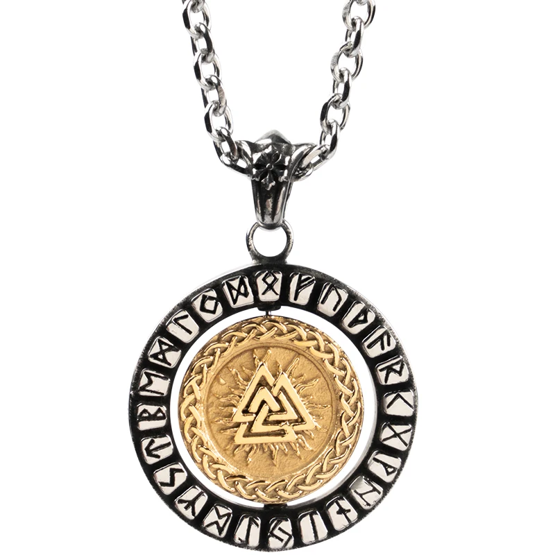 

The Odin Head Viking Valknut Necklace For Men High Speed Rotation Stainless Steel Pendant