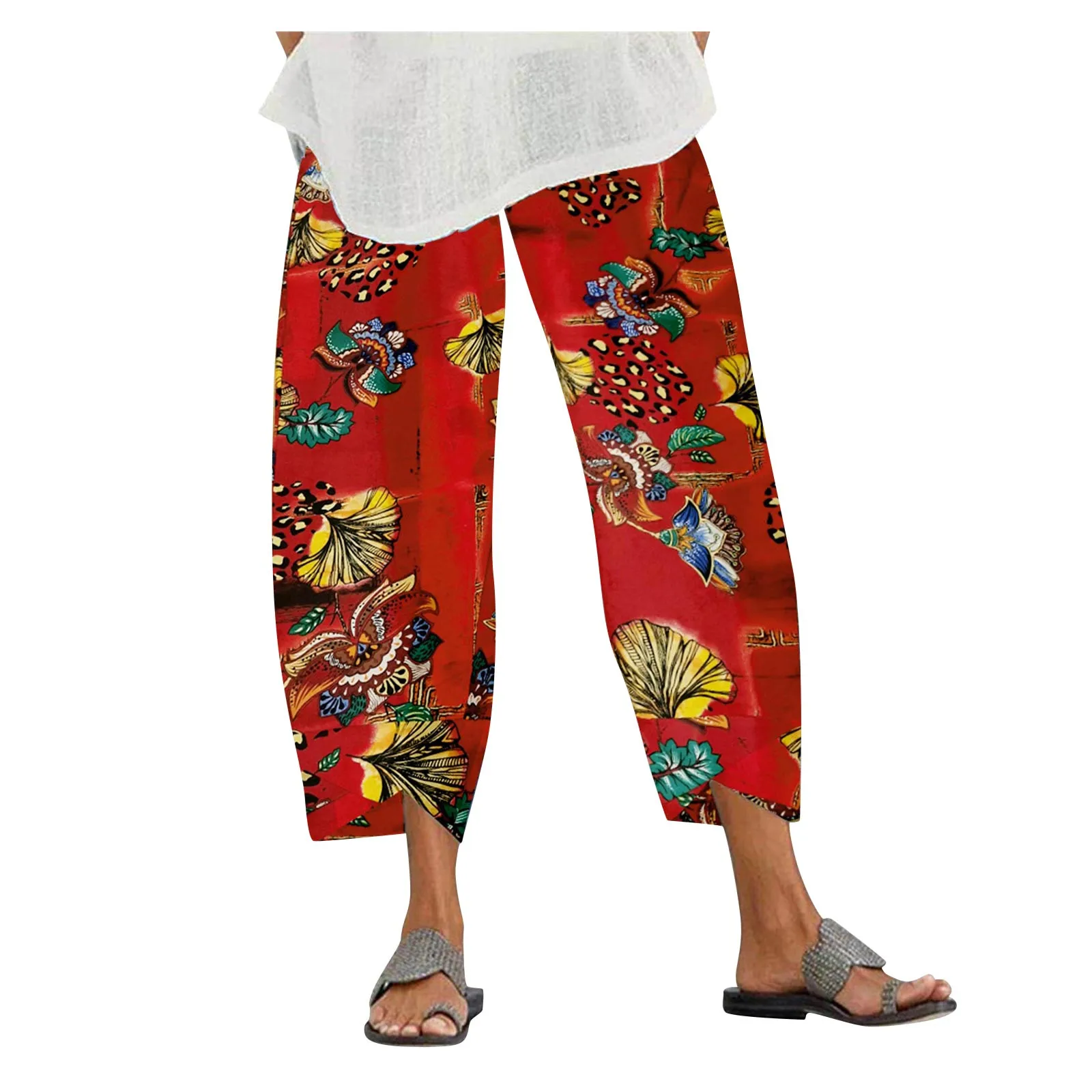 

40# Vintage Printed Harem Pants Women Trousers Casual Elastic Waist Cotton Linen Wide Leg Pants Loose Pantalon Plus Size Pant