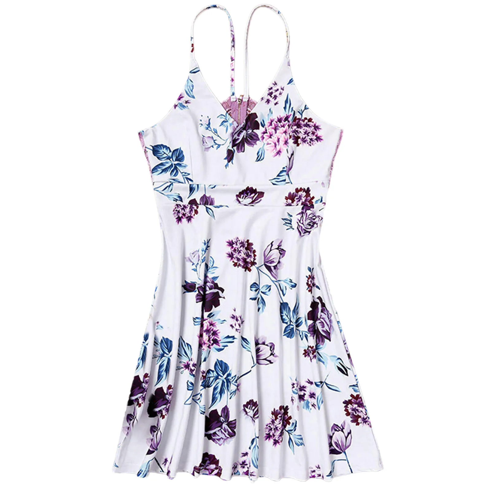 

2021 Beach Dress Hollow Sexy Dress Back Hollow A-line Women Sexy Floral Print Lace Splice Sundress Back Hollow Mini Dresses