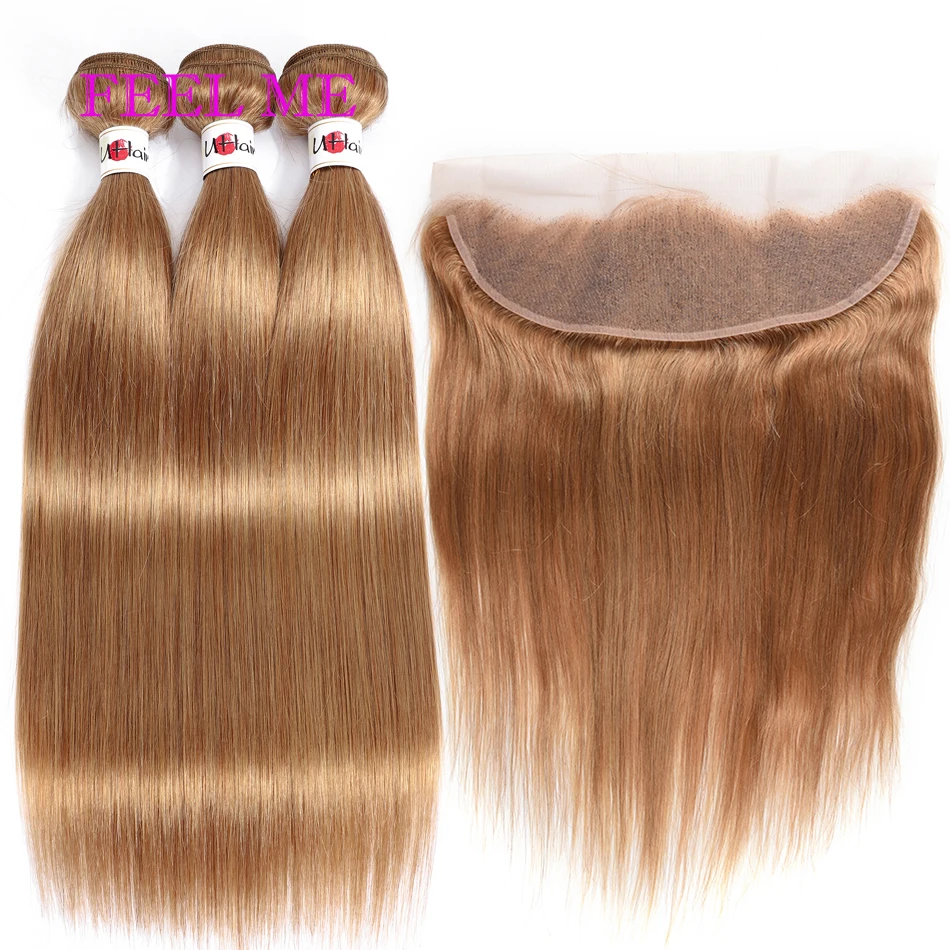 FEELME 3PCS Brazilian Straight Hair Bundles With Lace Frontal #27 Honey Blonde 13x4 Lace Frontal With Bundles Remy Human Hair