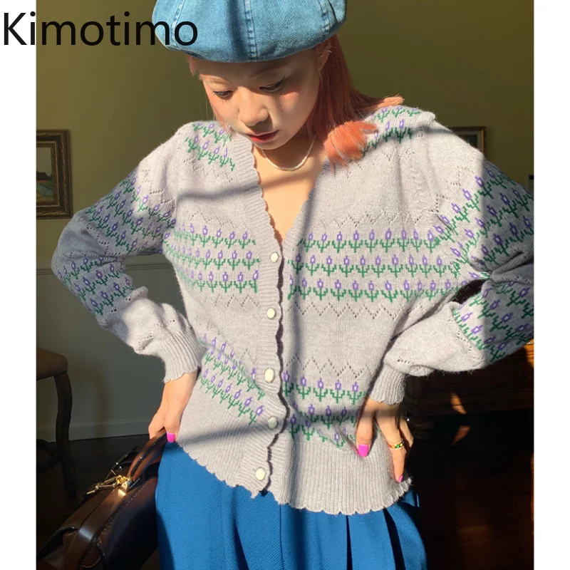 

Женский жаккардовый вязаный кардиган Kimotimo, осень 2021, винтажный свитер с V-образным вырезом, пальто, корейская мода, укороченный полый топ с д...