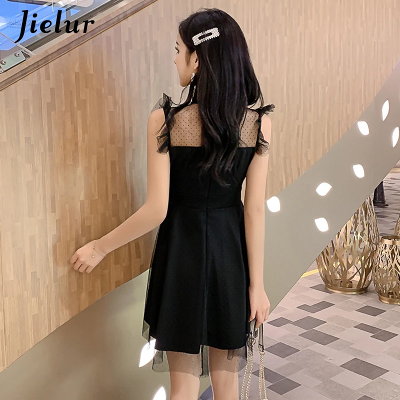 Jielur летнее в горошек трапециевидные платья женские сетчатые Лоскутные без