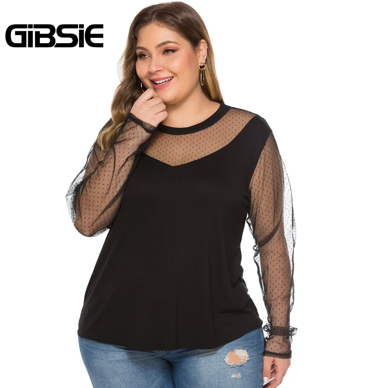GIBSIE Элегантный Плюс Размер o образным вырезом сетчатый топ женский черный