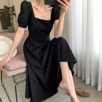 womens dress 2021 summer square collar knee length solid color dress elegant vintage puff short sleeve midi dress