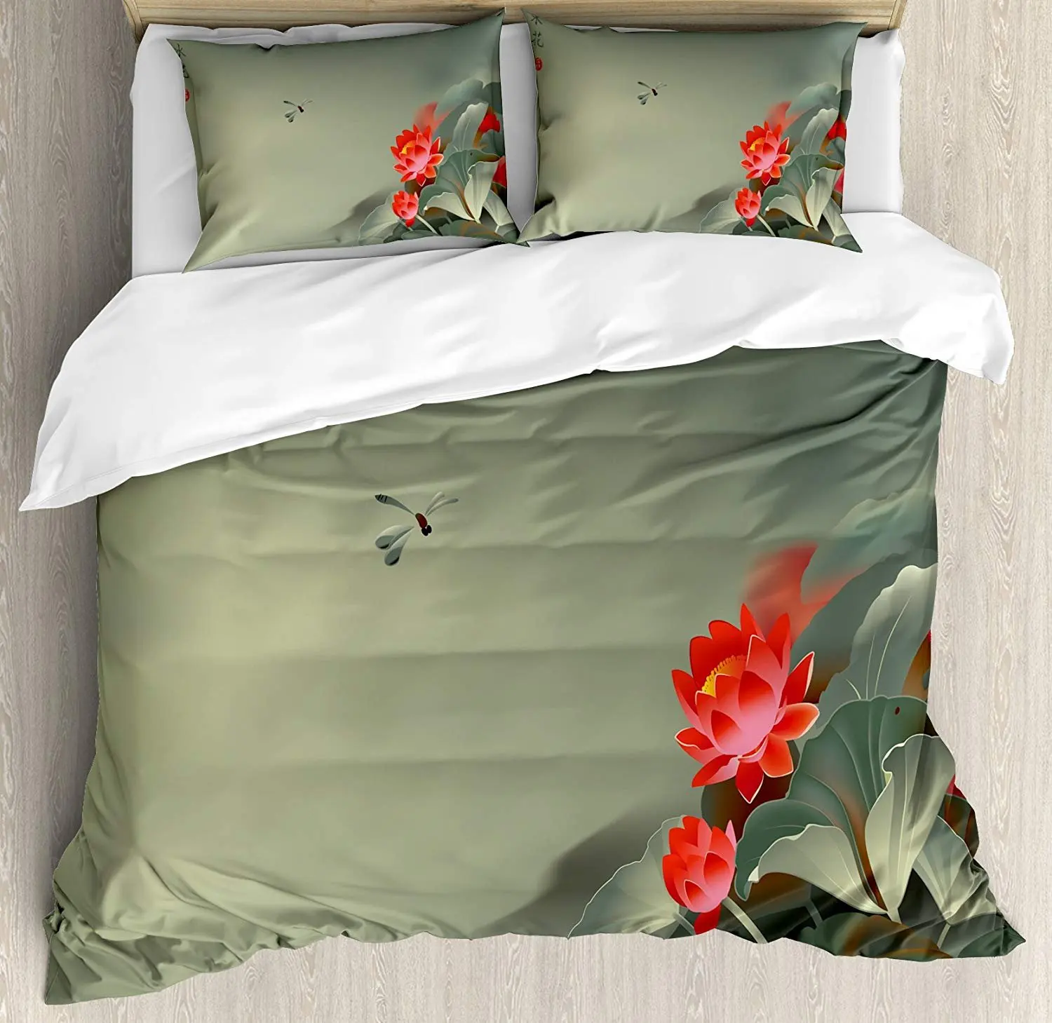 

Dragonfly Bedding Set Traditional Japanese Painting with Lotus Blooms in Hazy Tones Asian Design Duvet Cover Pillowcase For Home