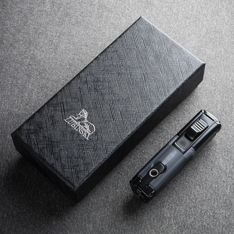 Любински Металлический Зажигалка с 3 Синими Пламенами Для Сигар и Сигарет, Ветрозащитная, с Окном для Газа и Кернером для Табака Инструмент для Курения