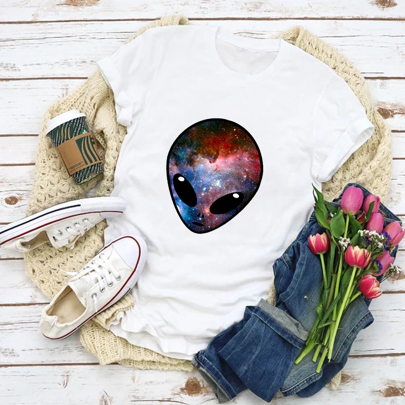 Женская футболка с рисунком из мультфильма Alien UFO модная летняя Kawaii топы женская