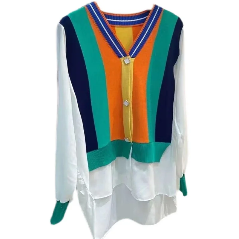 

SuperAen 2021 Autumn New Loose Shirts Patchwork Fake Two-piece Color Knitted Cardigan Thin Coat Womens Tops