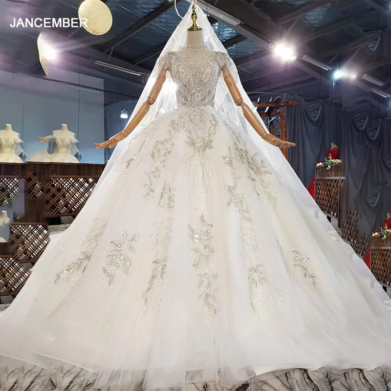 

HTL1867 Gorgeous Sequined Beading Wedding Dress 2020 Cap Short Sleeve Applique Ball Gowns Crystal High-Neck