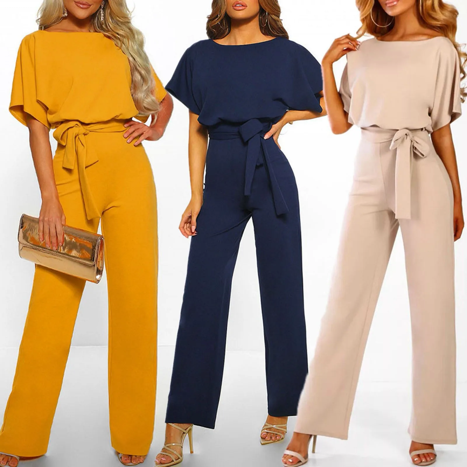 

Fashion Solid Rompers Women Jumpsuit Short Sleeve Playsuit Clubwear Straight Leg Jumpsuit Women's With Belt Bodysuit Rompers