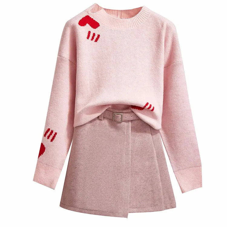 

New Winter Pink Sweater Skirt Two Pcs Clothing Set Knitted Top Suits Woolen Skirt With Belt Vestido Sweet Girl Clothes