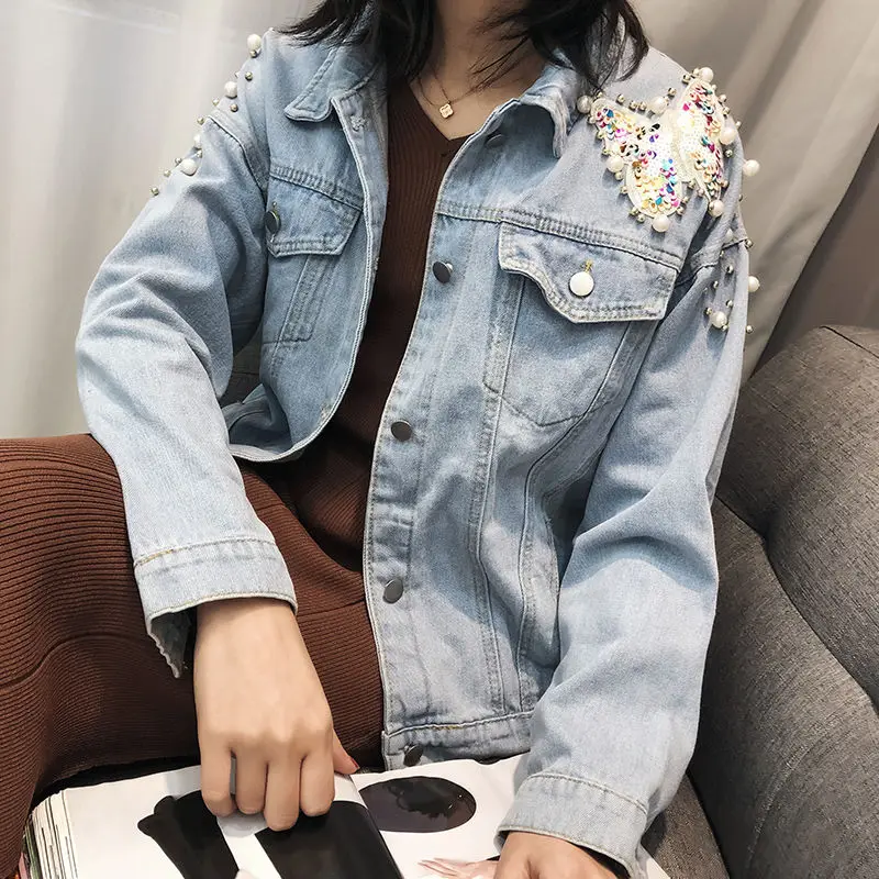 Джинсовое пальто с блестками и бусинами в Корейском стиле на осень универсальная