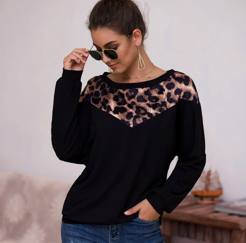 Women Long Sleeve T-Shirt Fashion Loose Thermal Leopard Patchwork Autumn Shirt Vintage Style Different Size For Choice | Женская одежда