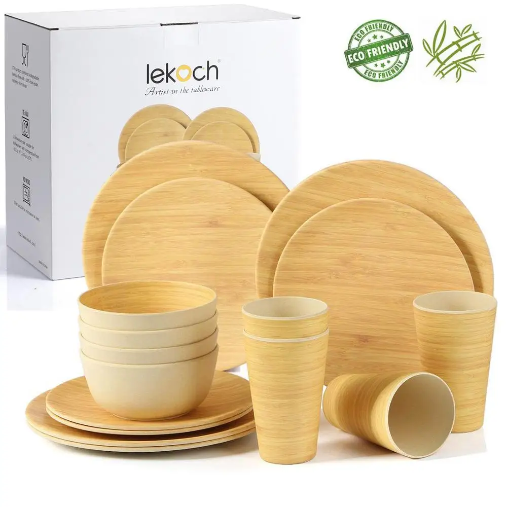 4set 16pcs LEKOCH детские бамбуковые столовые приборы, набор посуды, деревянные зерна, экологически чистые обеденные тарелки, миска, чашка, столовая посуда - Цвет: 4set 16pcs
