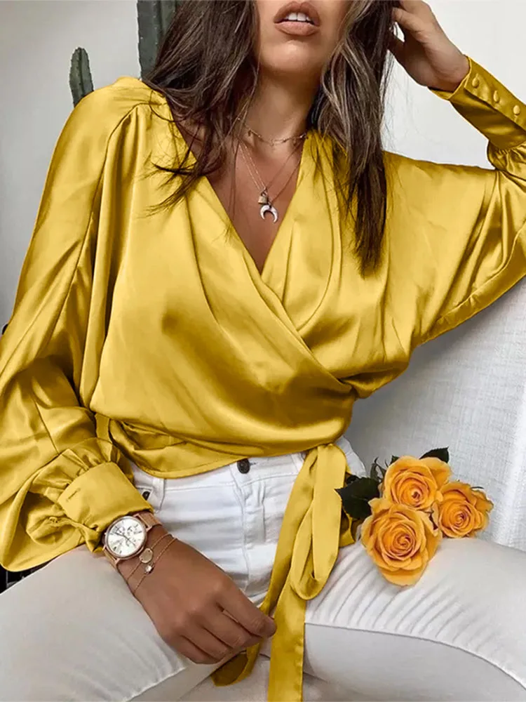 Celmia Women Satin Blouses Fashion 2023 Elegant Long Bat Sleeve Shirts Summer Cross V Neck Bandage Waisted Haut Style Wrap Tops