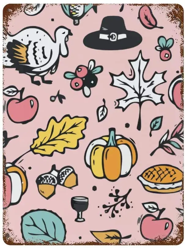 

NoBrands Vintage Retro Metal Tin Sign Wall Decor Art Cartoon Thanks Giving Theme Pumpkin Maple Leaves Home Decor Plaque Poster