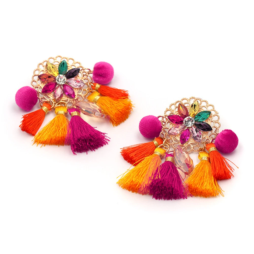 Boho Women Rhinestone Tassel Pompom Dangle Stud Earrings Long Statement Jewelry | Украшения и аксессуары