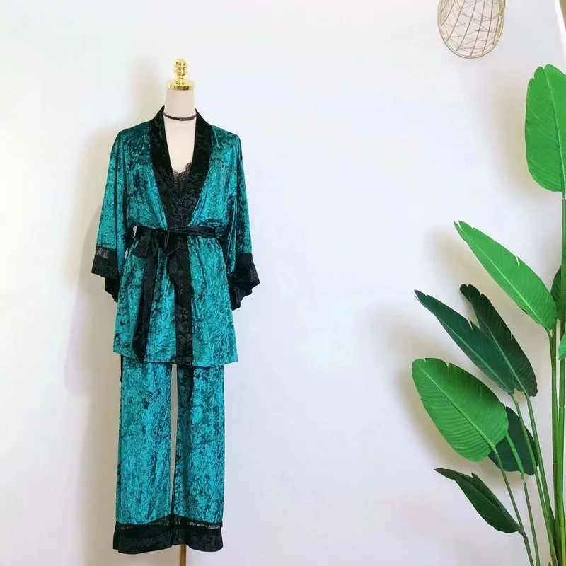 

Новый женский бархатный Пижамный костюм из трех предметов, пикантный и Удобный Повседневный костюм, домашняя одежда, женские пижамы с длинн...