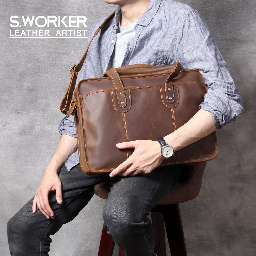 

S.WORKER Vintage Genuine Leather Briefcase Crazy-horse Leather Travel Bag Men Large Capacity Laptop Shoulder Bag Weekender Bag