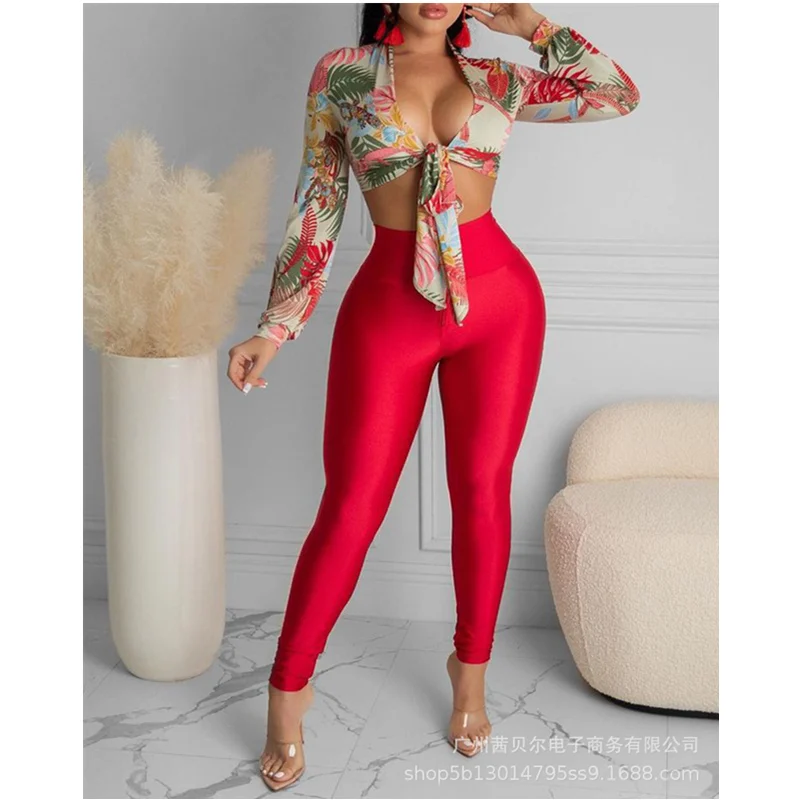 

Mandylandy Sexy Women Print Two Piece Set Lady Tracksuit Bow Knot Long Sleeve Crop Top and Skinny Pants Long Trousers Outfits