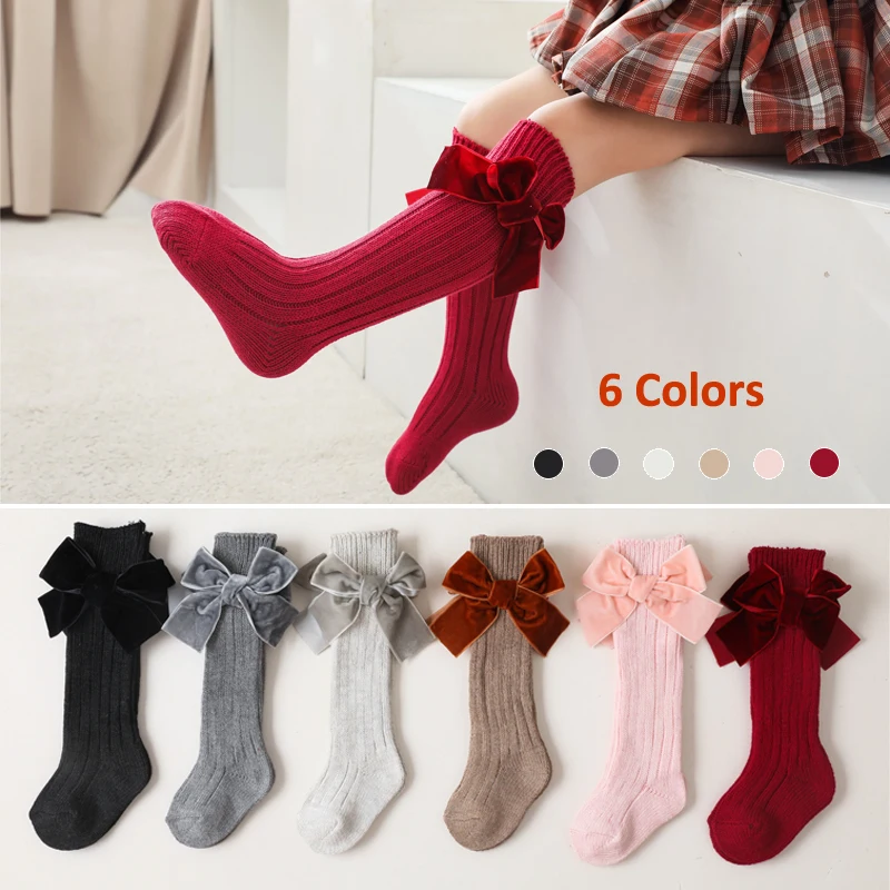 

6 цветов, гетры для маленьких девочек, принцесса, бархатный бант, детские модные носки-трубы, для малышей, детей, до колена, хлопок 2022, новый го...