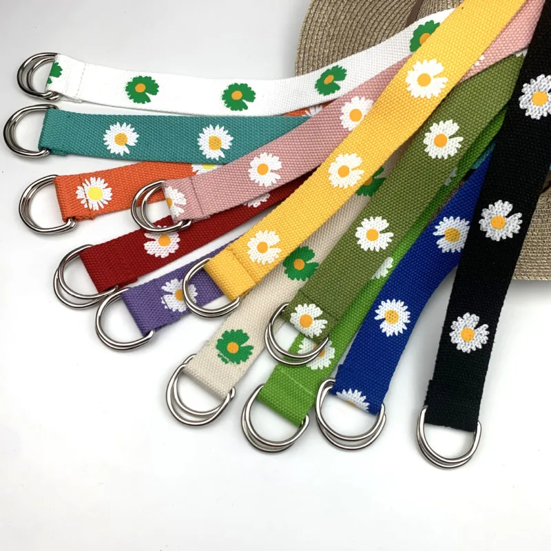 

Plus Long Candy Color Korean Style Women Belt Double Ring Buckle Printed Flower Canvas Belt Wild Student Small Daisy Jeans Belt